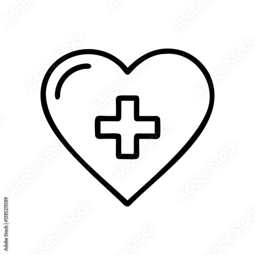 Monochrome line icon heart with medical cross symbol outline flat vector illustration for health care love concept