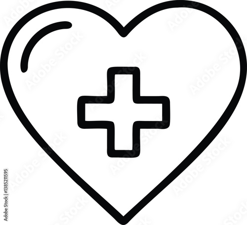 Monochrome line icon heart with medical cross symbol outline flat vector illustration for health care love concept