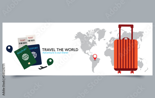 Travel the World Banner with Passport, Tickets, Luggage and World Map. Vector Travel Adventure Concept. Editable image.
