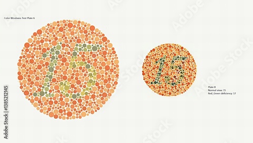 Obraz na plátně Color vision test or Color Blindness Test Plate 6 and other Plate 8, Normal vision 15, Red Green deficiency 17