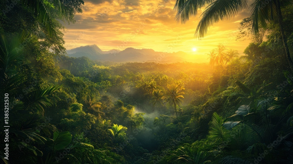 Tropical jungle sunset, mountains, mist, palm trees, travel brochure Tropical jungle sunset, mountains, mist, palm trees, travel brochure