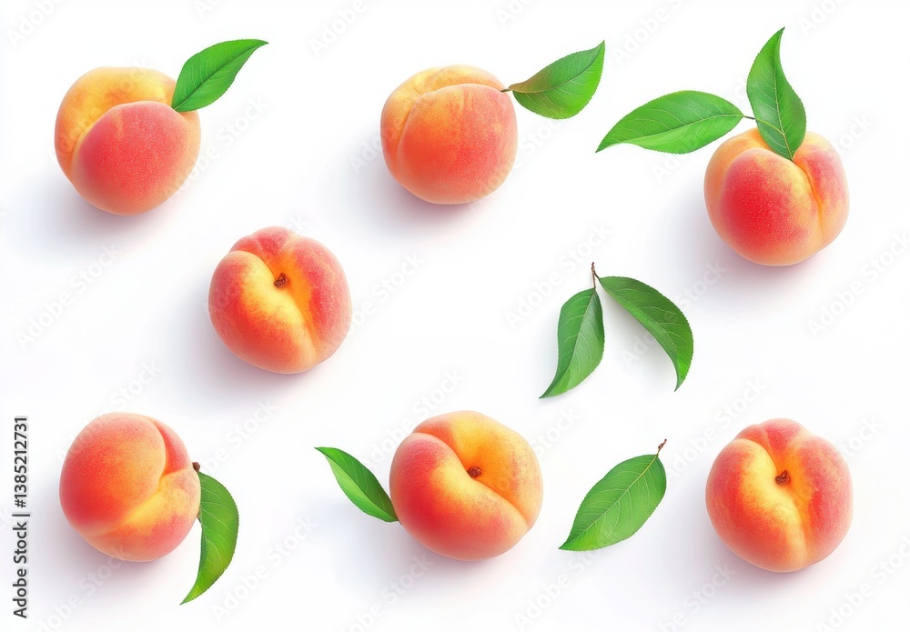 Fresh Peach Fruits with Green Leaves on White Background Fresh Peach Fruits with Green Leaves on White Background