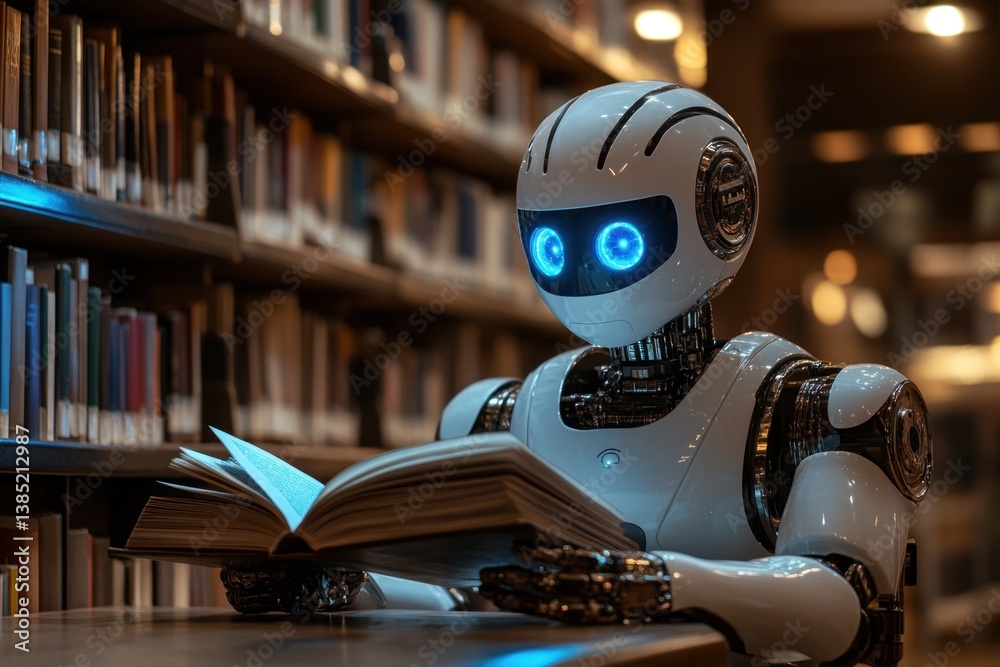 An AI robot is engrossed in reading about tariffs and trade wars in a well-stocked library, surrounded by shelves of books An AI robot is engrossed in reading about tariffs and trade wars in a well-stocked library, surrounded by shelves of books