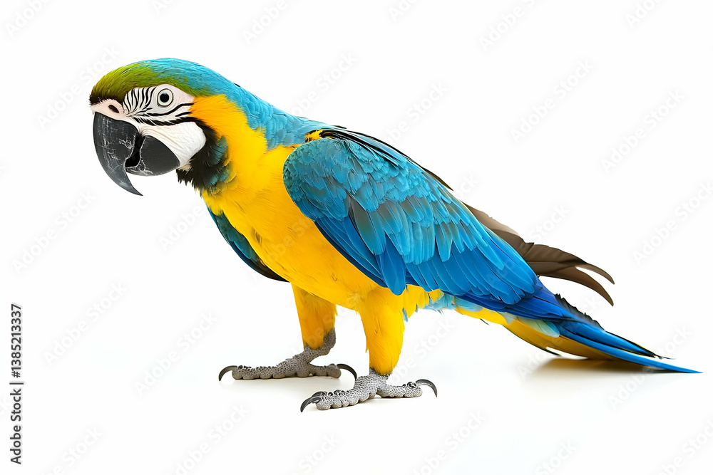 Fototapeta premium Captivating close up of a vibrant macaw with brilliant plumage details isolated on a white backdrop