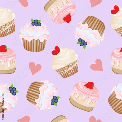 Seamless pattern for kitchen decor and more. Delicious cupcake with whipped cream and blueberry, strawberry, heart. Vector cartoon illustration of sweet food.