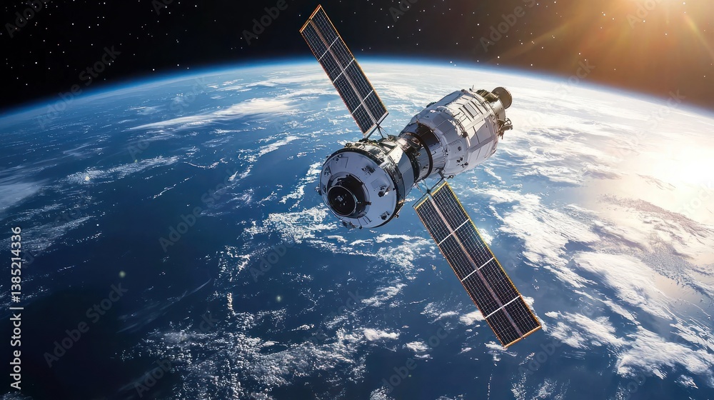 Fototapeta premium Spacecraft orbiting Earth, sunrise.