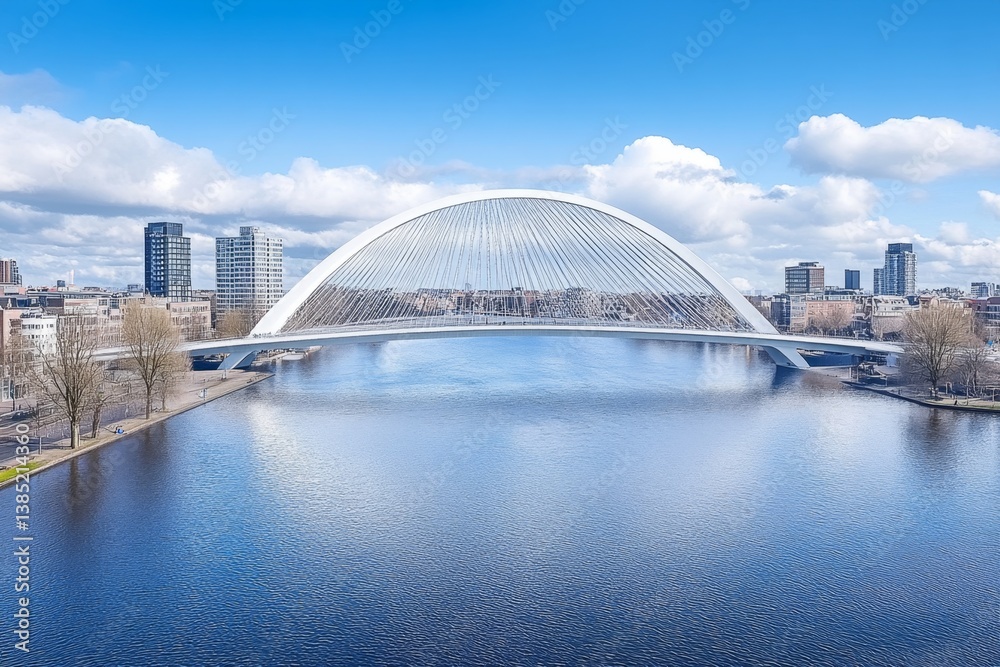 Naklejka premium A modern pedestrian bridge with sleek architecture crossing over a river, connecting two city districts