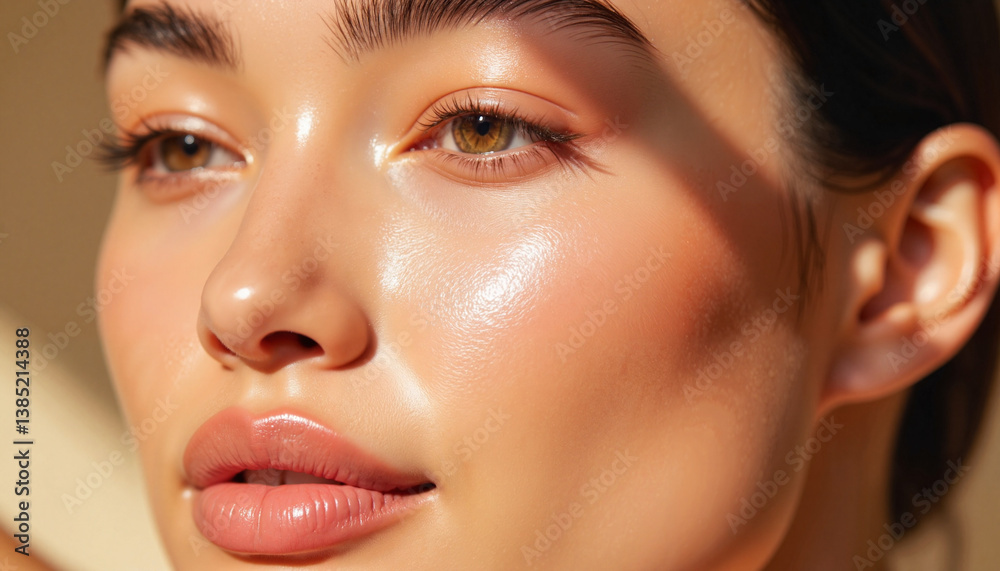 Young Woman Radiating Confidence in Soft Natural Light, Peachy blush, Summer makeup trends Young Woman Radiating Confidence in Soft Natural Light, Peachy blush, Summer makeup trends