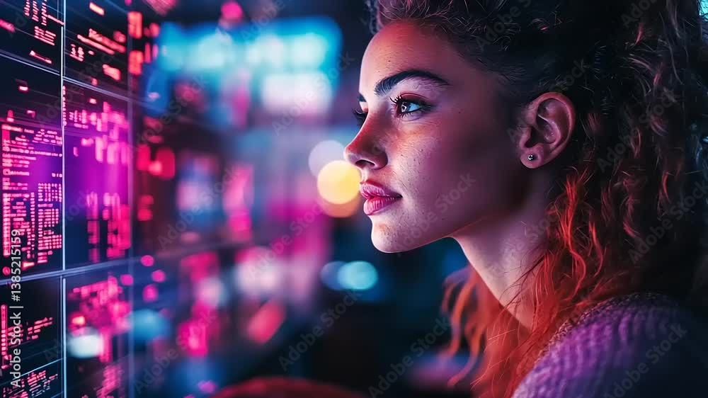 Young woman analyzing data on a futuristic screen
