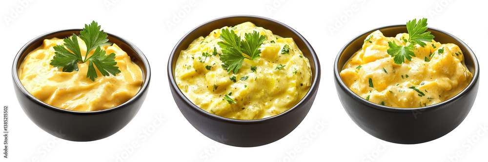 Three creamy sauces garnished with parsley.