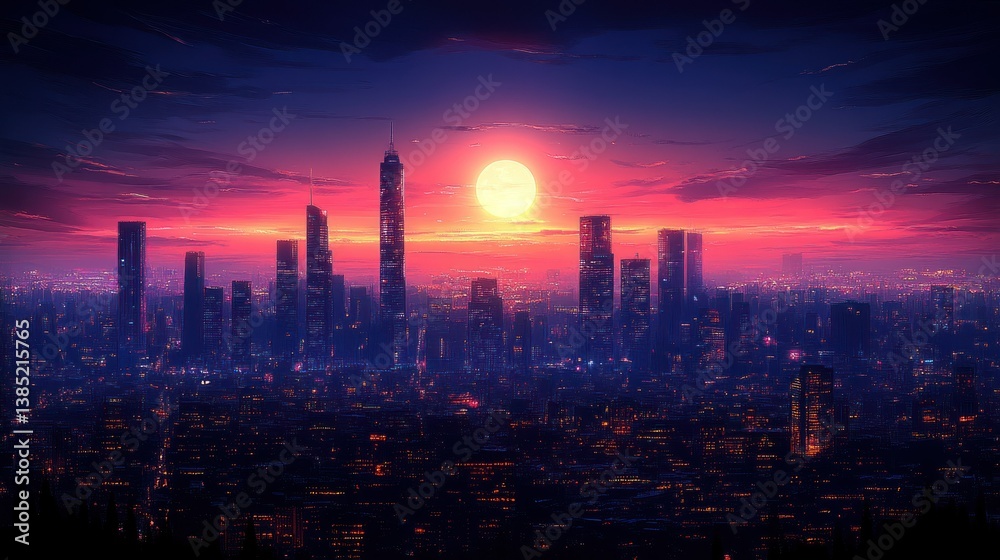 Fototapeta premium Sunset Metropolis: A Vibrant Cityscape at Dusk