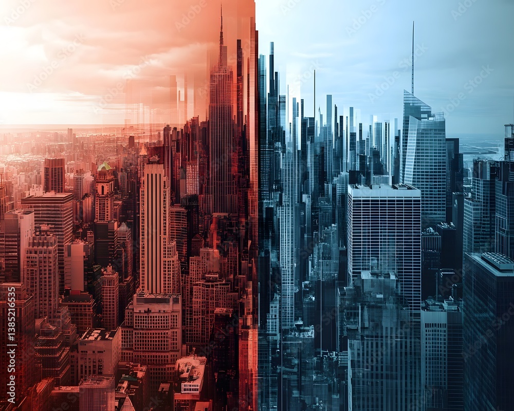 Obraz premium A stunning split image showcasing contrasting cityscapes bathed in fiery red and calming blue hues, emphasizing the dual nature of urban architecture in modern environments.