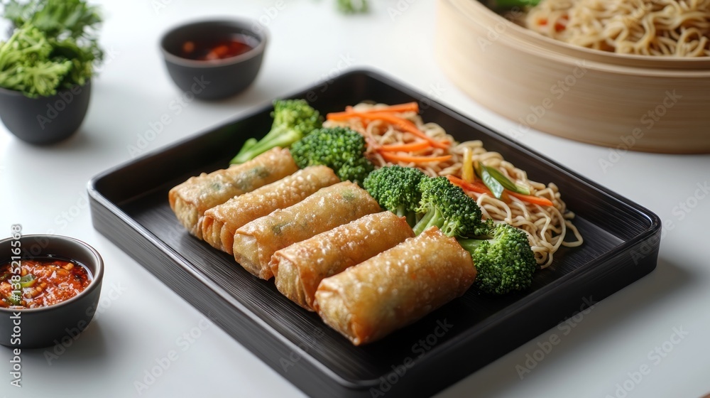 Crispy spring rolls served with noodles, broccoli, and carrots. Crispy spring rolls served with noodles, broccoli, and carrots.