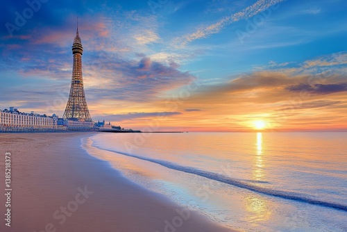 A panoramic view of Blackpool Tower standing tall against a golden sunset over the beach