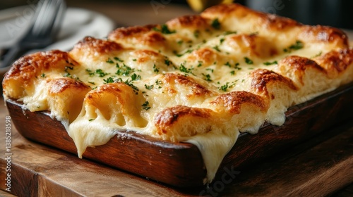 A beautifully baked golden pull-apart bread with gooey cheese and a sprinkle of fresh herbs, ideal for parties, social gatherings, or a delightful family meal experience. photo