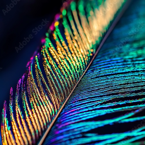 Macro shot of a vibrant peacock feather displaying iridescent hues and delicate barbs, with balanced lighting emphasizing the intricate details and shimmering colors