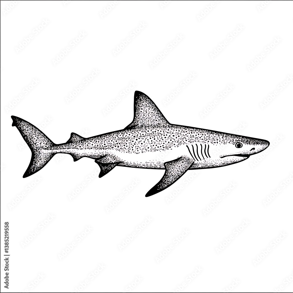 Naklejka premium Stippled Illustration of a Shark, Oceanic Predator, Marine Life Drawing.