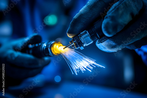 Close-up View of a Technician Splicing Fiber Optic Cable with Precision Equipment for Optimal Network Performance