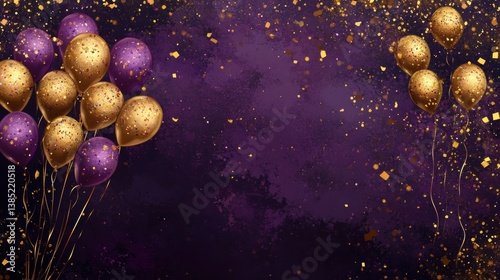 Purple and Gold Balloons with Confetti on Dark Background