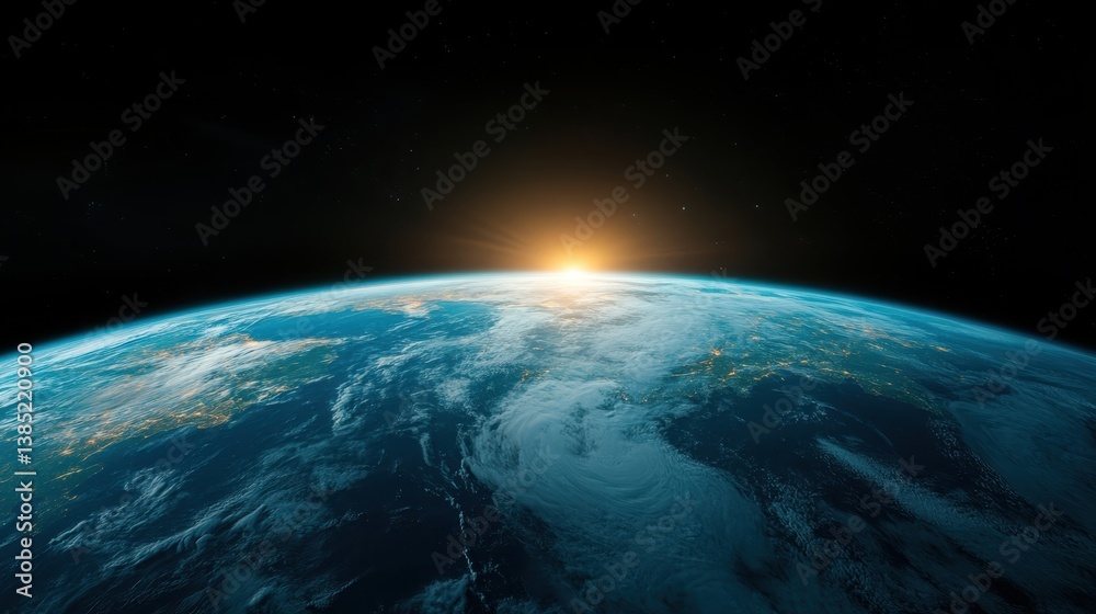 Fototapeta premium An enchanting view of Earth as the sun rises over its horizon, representing new beginnings and the beauty of our planet, reminding us of the connection we share with the universe.