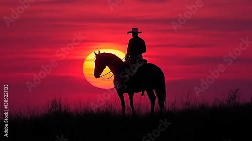 Silhouetted cowboy on horseback against a fiery western sunset backdrop