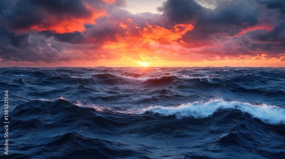 Fiery Sunset Over Turbulent Ocean Waves Fiery Sunset Over Turbulent Ocean Waves