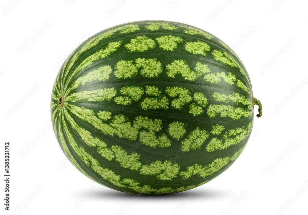 A single whole watermelon with dark and light green stripes and spots on a white background surface view A single whole watermelon with dark and light green stripes and spots on a white background surface view