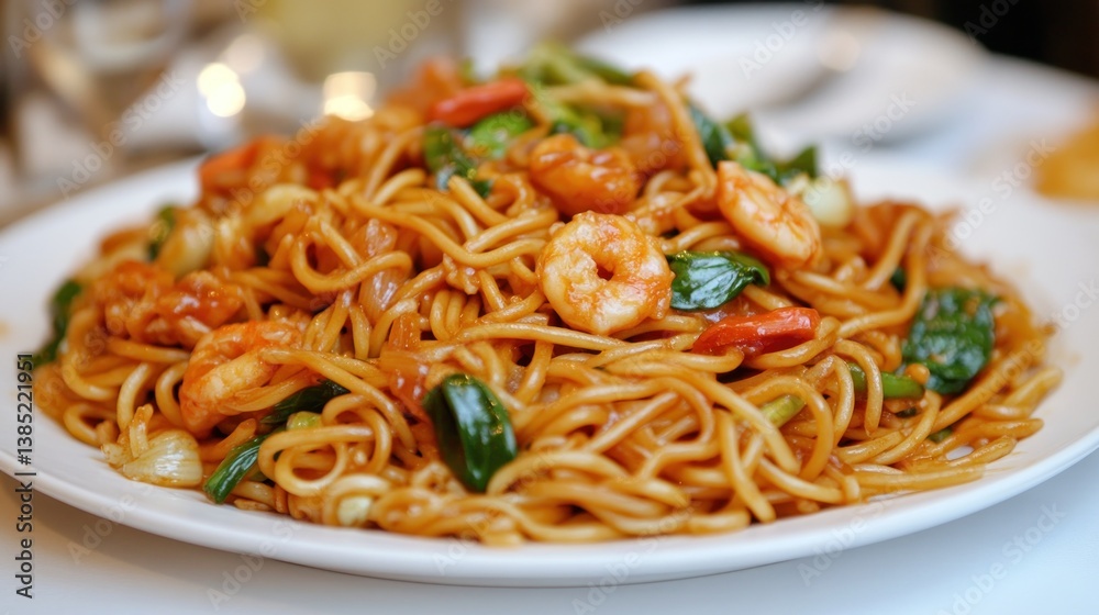 Delicious shrimp and vegetable noodles on a white plate. Delicious shrimp and vegetable noodles on a white plate.