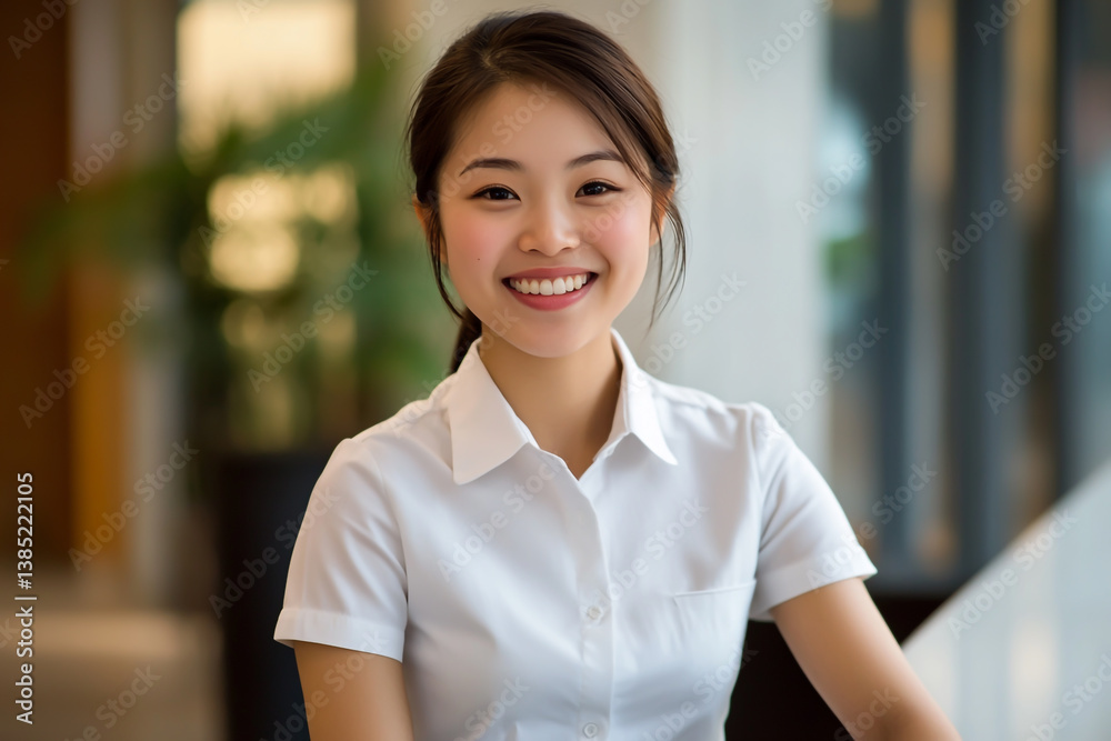 Smiling Asian Female Receptionist Posing for Camera Smiling Asian Female Receptionist Posing for Camera