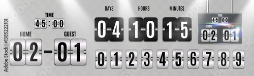 Scoreboard with flip numbers displaying time, score, and countdown in a modern metallic style. Includes numbers from 0 to 9 in flipping format.	