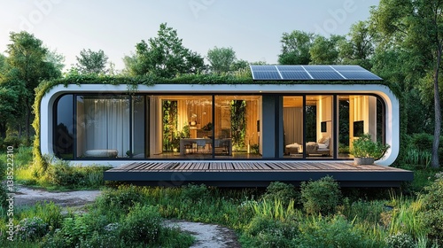 Solar panels, smart meters, and 3D printed houses showcasing cutting-edge green technology. 