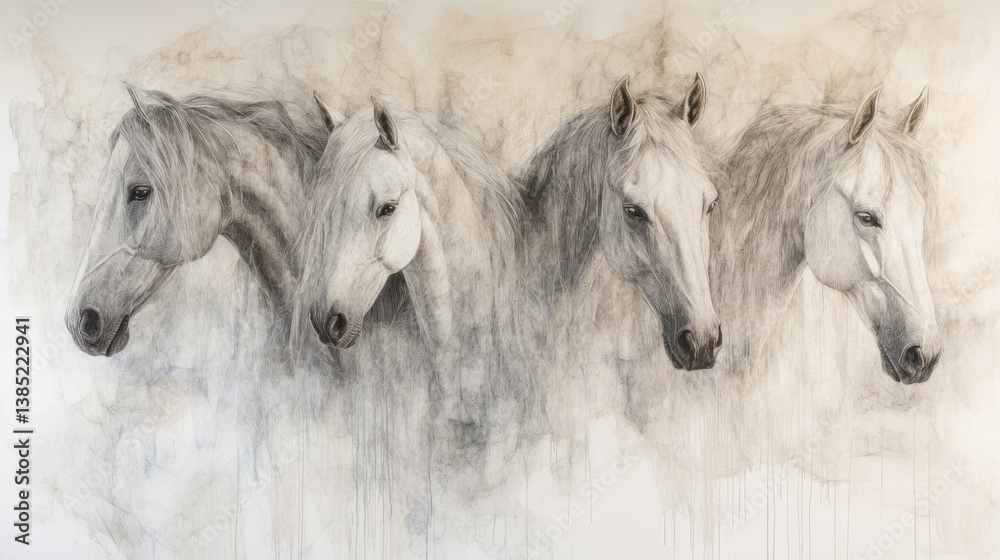 Fototapeta premium Four Grey Horses in Profile, Abstract Background