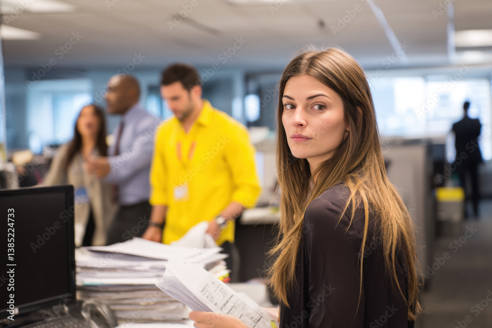 A young woman with long straight hair appears distressed in a bustling office where colleagues engage in heated interaction nearby
