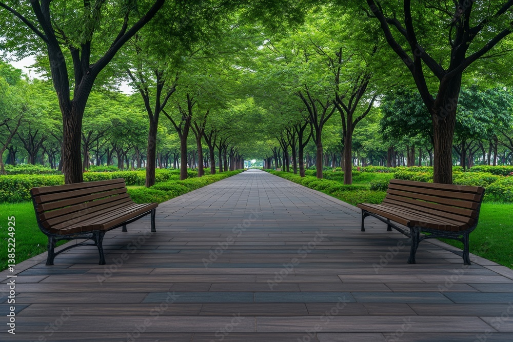 A public park with benches marked for social distancing, ensuring people sit apart A public park with benches marked for social distancing, ensuring people sit apart