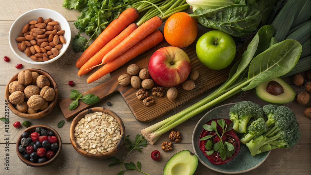 Fresh spices and herbs with vegetables and ingredients on a wooden table Fresh spices and herbs with vegetables and ingredients on a wooden table