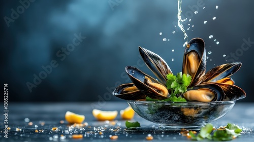 Mussels are artistically splashed with water in a glass bowl, creating a dynamic scene that emphasizes freshness and vitality, perfect for culinary enthusiasts seeking vibrant food art.