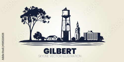 Gilbert skyline silhouette on a white background, featuring the Water Tower, Riparian Preserve, and SanTan Village.