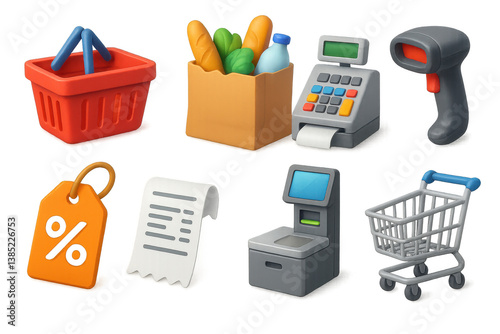 Essential grocery shopping 3d icons set: basket, cart, scanner, receipts & more