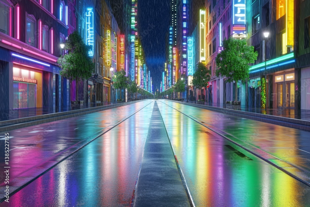 Obraz premium A rain-soaked downtown street with shimmering reflections from neon lights