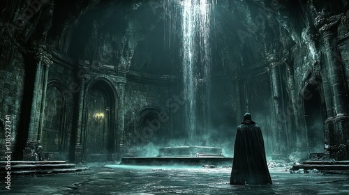 Elden Ring:  A solitary figure stands before a breathtaking subterranean waterfall in a crumbling ancient temple, the scene evoking mystery and solitude.