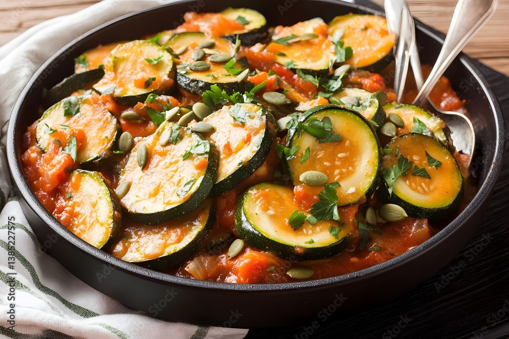 Delicious Zucchini Stew with Tomato Sauce and Pumpkin Seeds Delicious Zucchini Stew with Tomato Sauce and Pumpkin Seeds