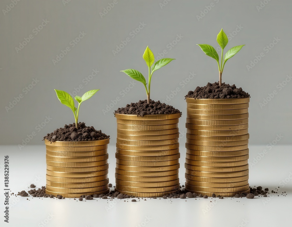 Woman putting coin in the jar with plant Woman putting coin in the jar with plant