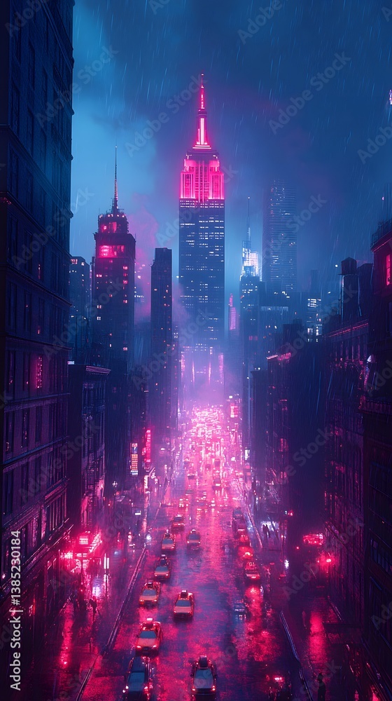 Obraz premium Urban Nightscape: Skyscrapers emerge from a neon-lit cityscape, a vivid illustration of a metropolis during twilight. Capturing the mesmerizing blend of architecture, lighting, and atmosphere.