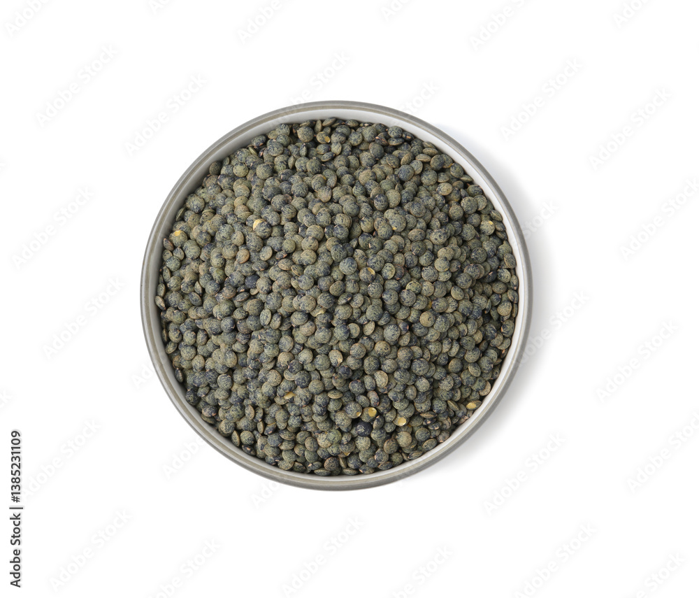 Green lentils in bowl isolated on white, top view Green lentils in bowl isolated on white, top view