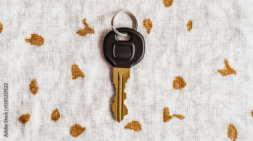 close up image of single key with black plastic head resting on textured fabric background featuring small golden spots. key metallic surface reflects light, adding sense of detail and clarity
