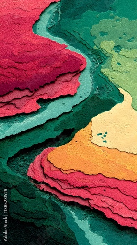 Abstract River of Colors: A vibrant and artistic depiction of a river winding through colorful, textured land, creating a visual feast of gradients and layers.