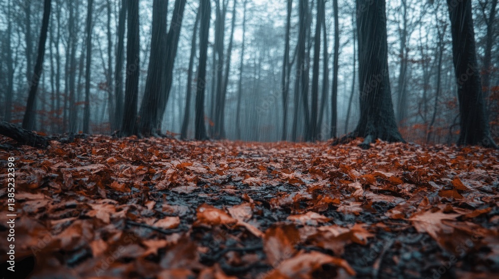 Misty Forest Path Covered in Autumn Leaves Misty Forest Path Covered in Autumn Leaves