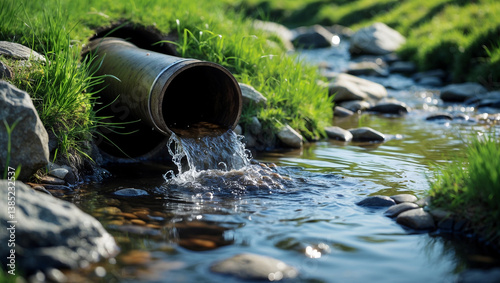 Dirty water flowing from sewer pipe into stream
