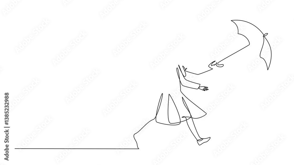 Self drawing animation of continuous line drawing a woman runs after a flying umbrella. The strong gusts of wind can blow anything away. Extreme weather. National Big Wind Day. Full length animated Self drawing animation of continuous line drawing a woman runs after a flying umbrella. The strong gusts of wind can blow anything away. Extreme weather. National Big Wind Day. Full length animated