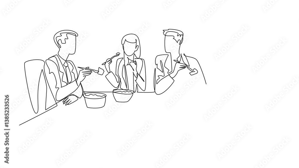 Self drawing animation of single continuous line drawing businessman and businesswoman sitting together eating salad at the office table. Snacking. National Make Lunch Count Day. Full length animated.